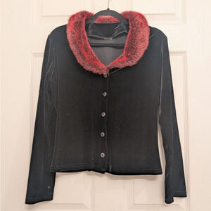 Y2K Whimsigoth Black Velvet Cardigan Jacket | Red Fur Collar Gothic Coquette L